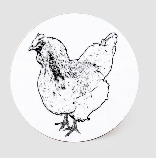 Glasuntersetzer mit Huhn Motiv in schwarz-weiss