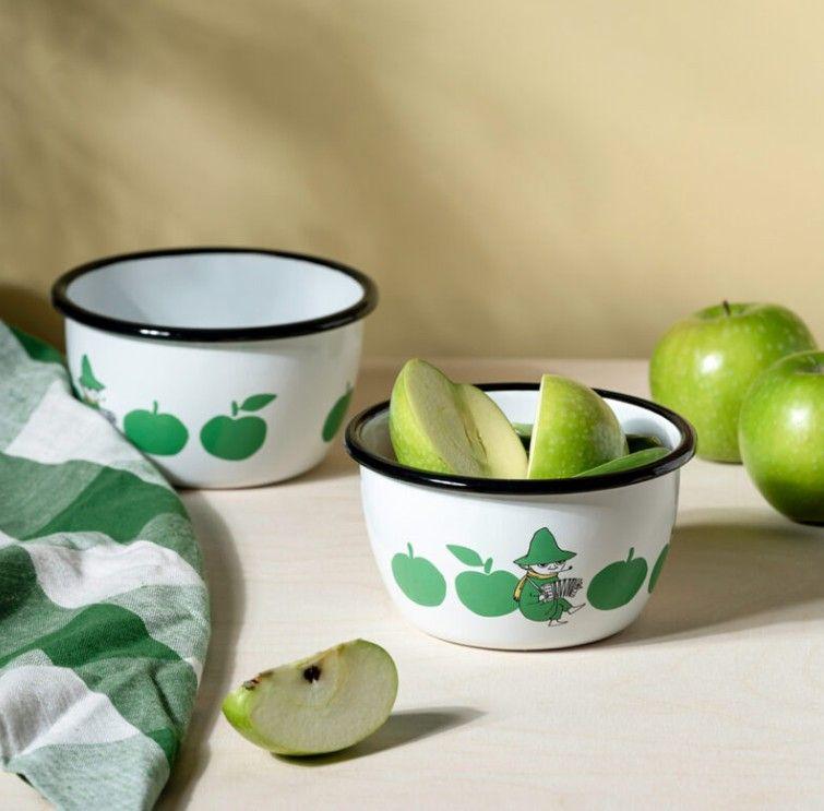 Muurla_Moomin_Emailleschüssel_fröhliche-äpfeln_grün_6dl_0